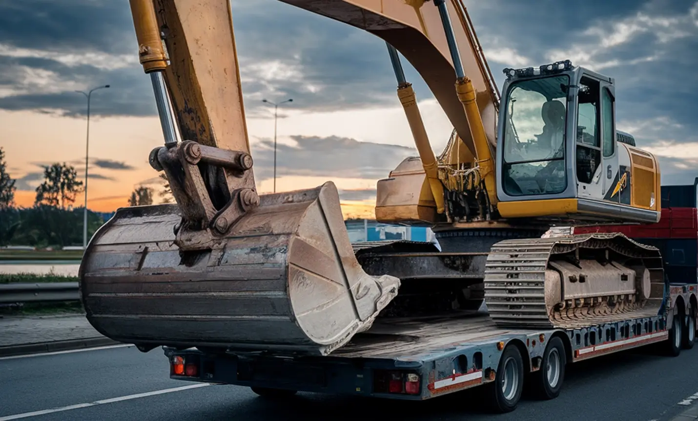 Excavator loaded on a lowboy trailer