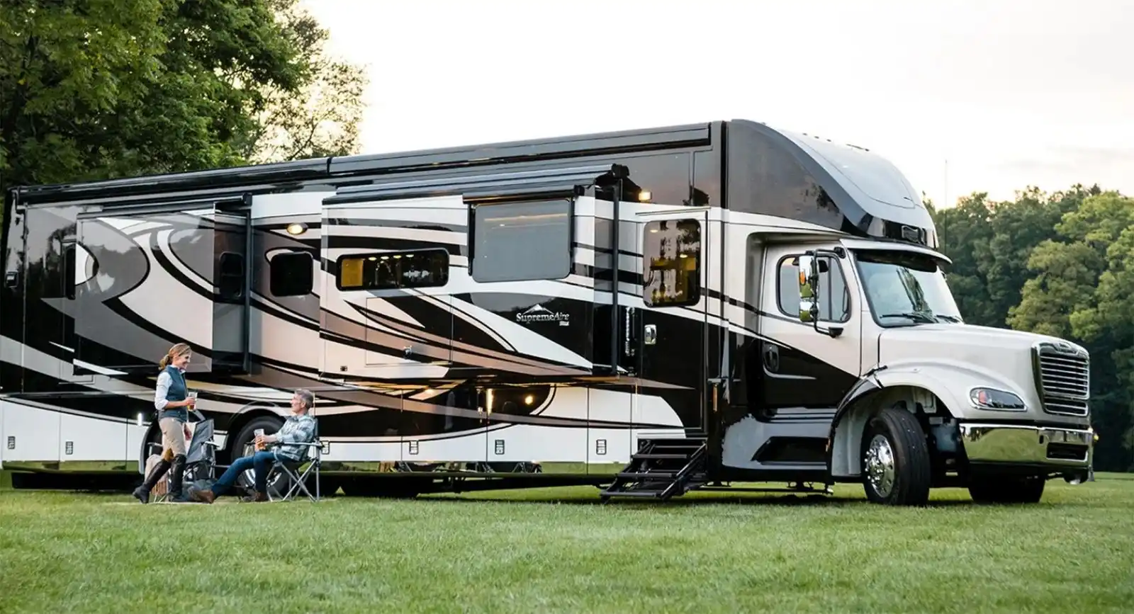 Large motorhome parked on grass